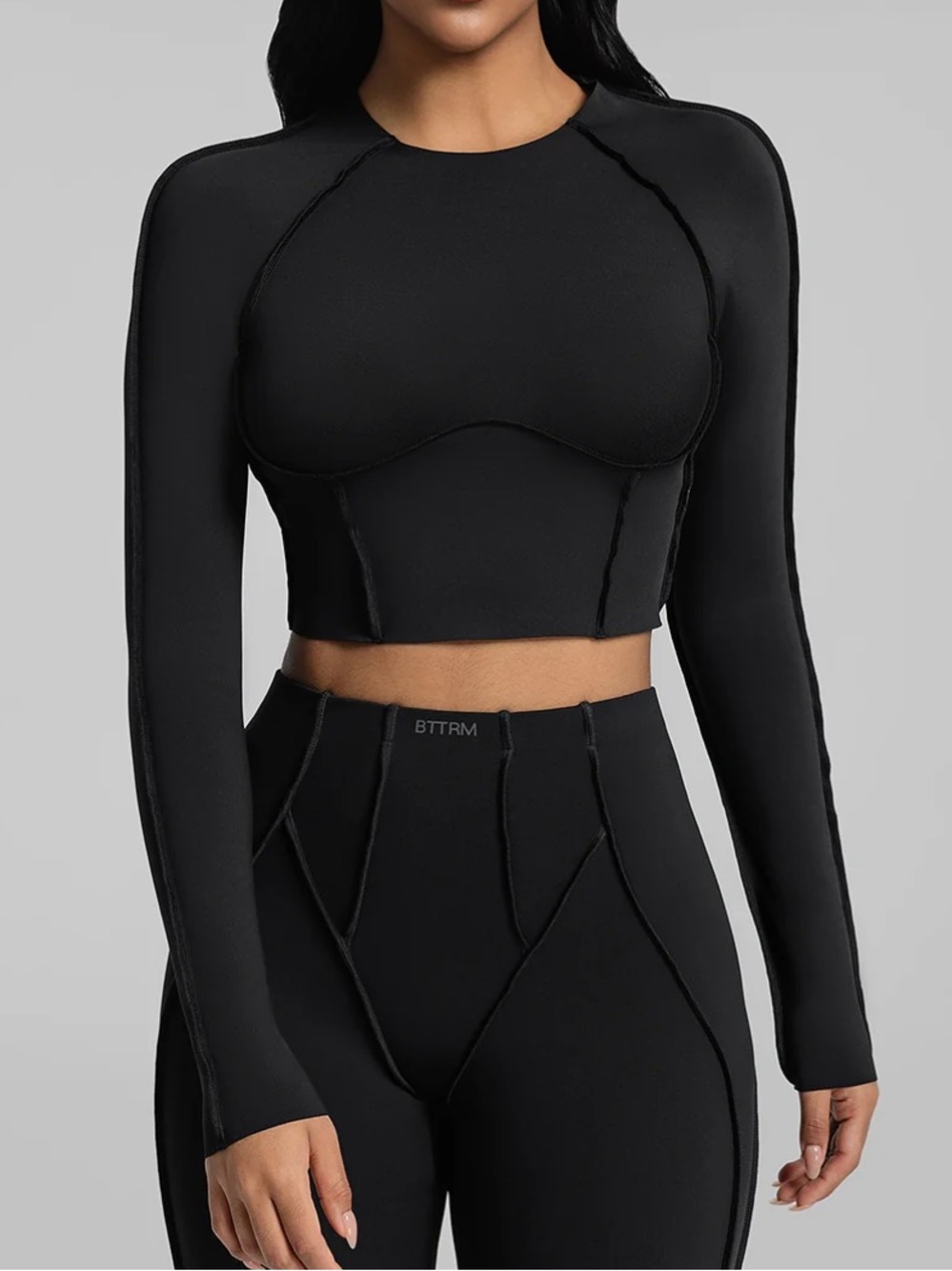 Contour Stitch Long Sleeve Crop Top - Black